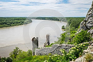 View of the Maiden Tower of Devin Castle above the confluence of Danube and Morava rivers, Bratislava