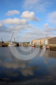 View of main basin Glasson Dock, crane and boats