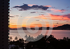 View of the main beaches of Guaruja during a sunset