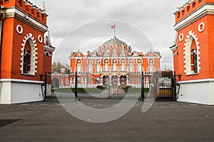 View of the main building from the main entrance into the complex Petroff palace, Moscow, Russia.
