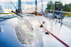 View from a main deck of sailboat on a lake. Summer vacations, cruise, recreation