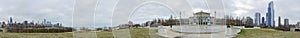 360 view of Main entrance of Shedd Aquarium and skyline