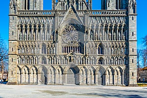 View of the main facade of Nidaros cathedral in trondheim, Norway