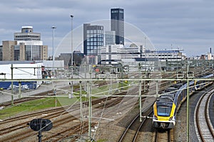 View of the main Leewarden train station and the Leeuwarden skyline