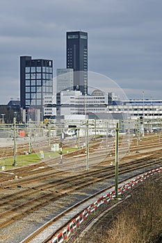 View of the main Leewarden train station and the Leeuwarden skyline