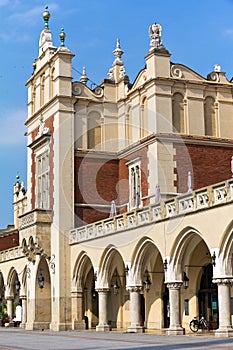 View of main market square with renaissance sukiennice in cracow in poland