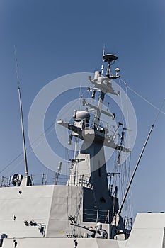 View of the main mast in a maritime action ship. Aerial and surface discovery radar. Navigation Radar, Fire Direction Radar,