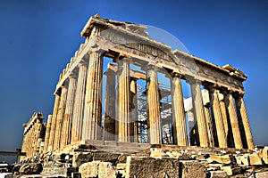 View of the main monuments of Athens (Greece). Acropolis. The Parthenon.