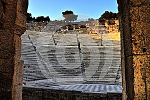 View of the main monuments of Athens (Greece). Acropolis. Theater of Dionysus.