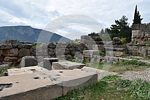 View of the main monuments of Greece. Ruins of ancient Delphi. Oracle of Delphi. Mount Parnassus. photo