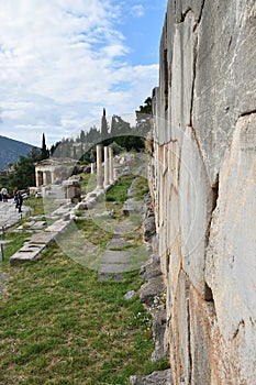 View of the main monuments of Greece. Ruins of ancient Delphi. Oracle of Delphi. Mount Parnassus. photo