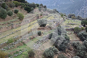 View of the main monuments of Greece. Ruins of ancient Delphi. Oracle of Delphi. Mount Parnassus. photo