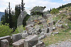 View of the main monuments of Greece. Ruins of ancient Delphi. Oracle of Delphi. Mount Parnassus. photo