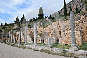 View of the main monuments of Greece. Ruins of ancient Delphi. Oracle of Delphi. Mount Parnassus. photo