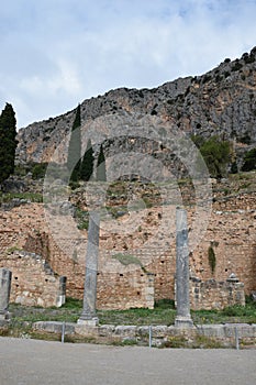 View of the main monuments of Greece. Ruins of ancient Delphi. Oracle of Delphi. Mount Parnassus. photo