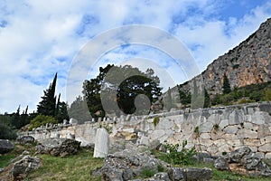 View of the main monuments of Greece. Ruins of ancient Delphi. Oracle of Delphi. Mount Parnassus. photo