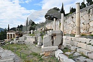 View of the main monuments of Greece. Ruins of ancient Delphi. Oracle of Delphi. Mount Parnassus. photo