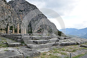 View of the main monuments of Greece. Ruins of ancient Delphi. Oracle of Delphi. Mount Parnassus photo