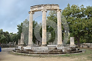 View of the main monuments and sites of Greece. Ruins of Olympia. Filipeion