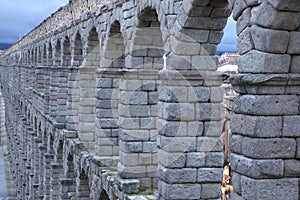 View of main square and roman aqueduct Segovia Spain