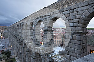 View of main square and roman aqueduct Segovia Spain