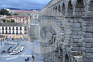 View of main square and roman aqueduct Segovia Spain