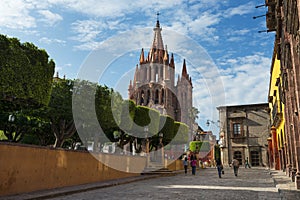 View of the main square and of the San Miguel Church in the historic center of the city of San Miguel de Allende, Mexico.