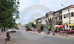 View of main street with many old houses in Kep, Cambodia