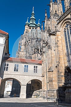 View with main tower of Roman Catholic metropolitan Cathedral of Saints Vitus in Prague, Czech Republic