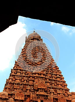 A view of main tower with single stone doom-vimana-in the ancient Brihadisvara Temple in Thanjavur, india.
