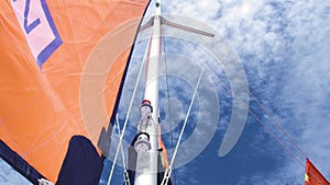 View of the mainsail, headsail, and mast of a sailboat against blue summer sky.