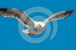view Majestic seagull in flight against clear blue sky background