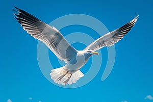 view Majestic seagull in flight against clear blue sky background