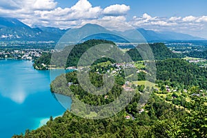 A view from the Mala Osojnica viewpoint along the southern shore of Lake Bled, Slovenia