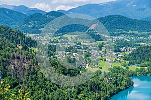 A view from the Mala Osojnica viewpoint along the western shore of Lake Bled, Slovenia