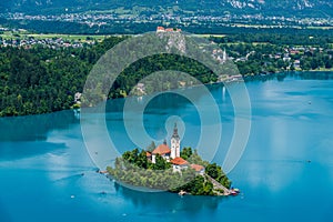 A view from the Mala Osojnica viewpoint over the islet on Lake Bled, Slovenia