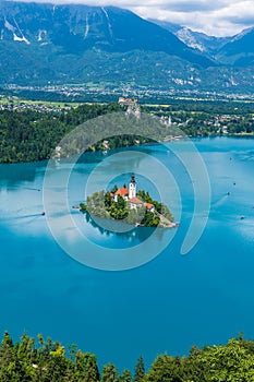 A view from the Mala Osojnica viewpoint over Lake Bled and the castle in Bled, Slovenia