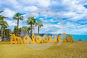 view of the malagueta sign marking entrance to the beach of the same name in spanish city malaga...IMAGE