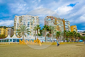 view of the malagueta sign marking entrance to the beach of the same name in spanish city malaga...IMAGE