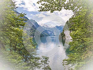 view from Malerwinkel over lake Koenigssee kingÂ´s lake at Berchtesgaden national park