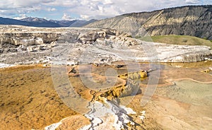 View of Mammoth Hot Springs with the Minerva Terrace and Mound Spring in Yellowstone National Park Wyoming