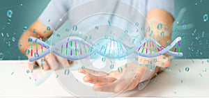 Man holding a 3d rendering data coded Dna with binary file around