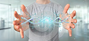 Man holding a 3d rendering data coded Dna with binary file around