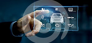 Man holding a Dashboard smartcar interface dashboard 3d rendering