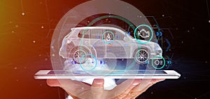 Man holding a Smartcar with checkings 3d rendering