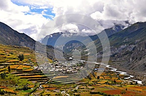 View of the Manang village, Annapurna Circuit Trek, Nepal, Asia.