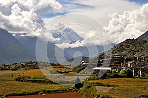 View of the Manang village, Annapurna Circuit Trek, Nepal, Asia.