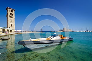 View on mandraki harbour in Rhodes in Greece
