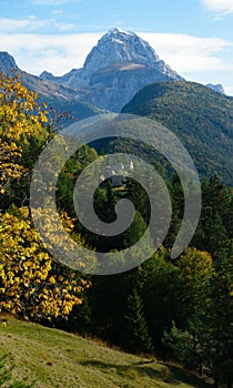View of Mangart peak in the Julian Alps in Triglav National Park in Slovenia in Autumn