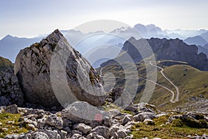 View of Mangart Saddle or Mangart Pass Mangartsko sedlo or Mangrtsko sedlo, at 2,072 metres 6,798 ft